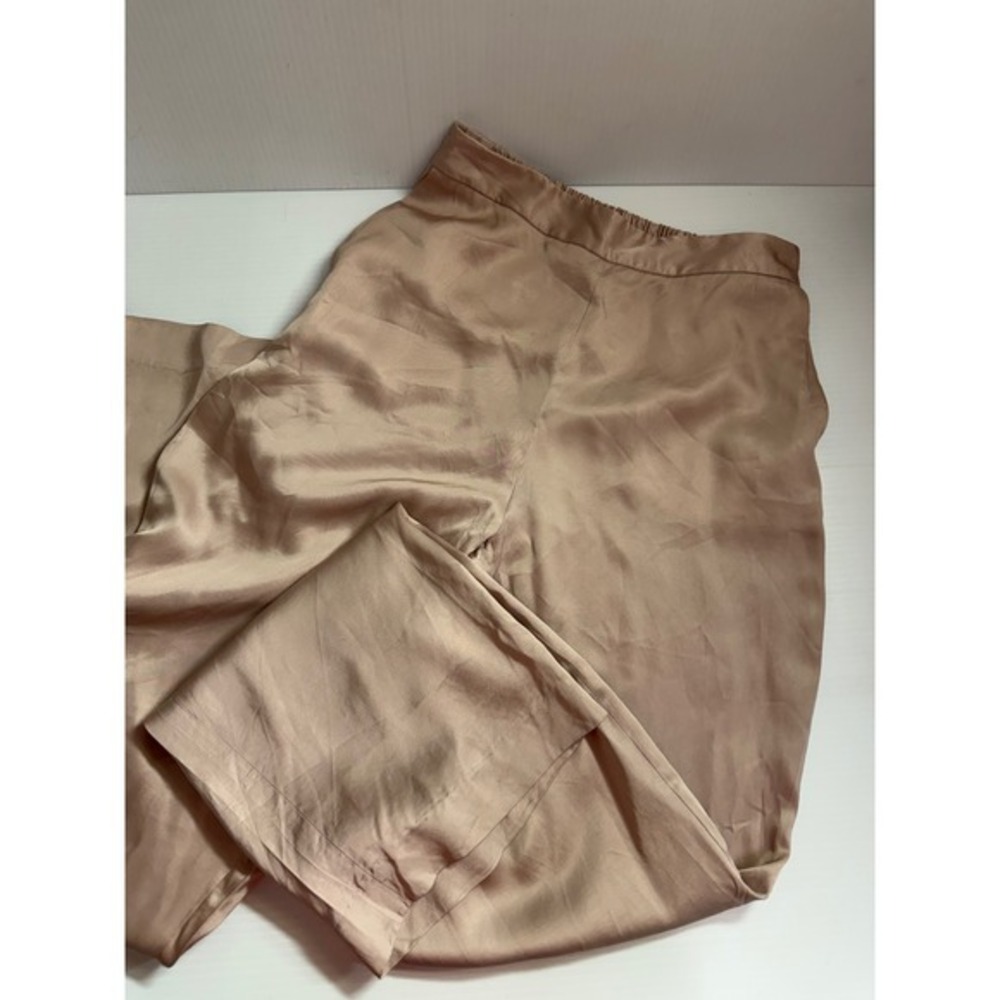 Zara Champagne Taupe Satin Wide Leg Trousers Elastic Waist High Rise Small